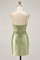 Load image into Gallery viewer, Sparkly Sage Green Tight Satin Short Corset Prom Dress with Sequins