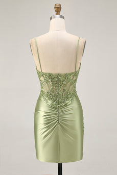 Sparkly Sage Green Tight Satin Short Corset Prom Dress with Sequins
