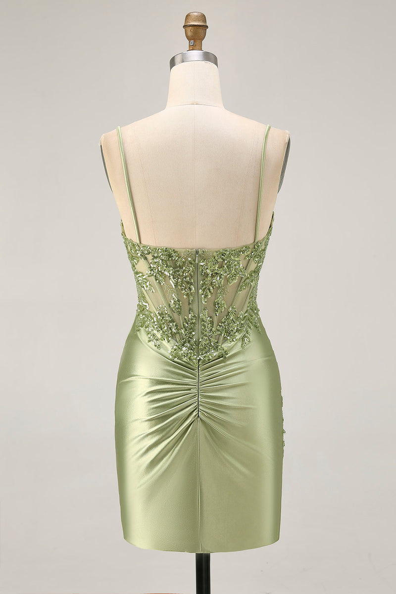 Load image into Gallery viewer, Sparkly Sage Green Tight Satin Short Corset Prom Dress with Sequins