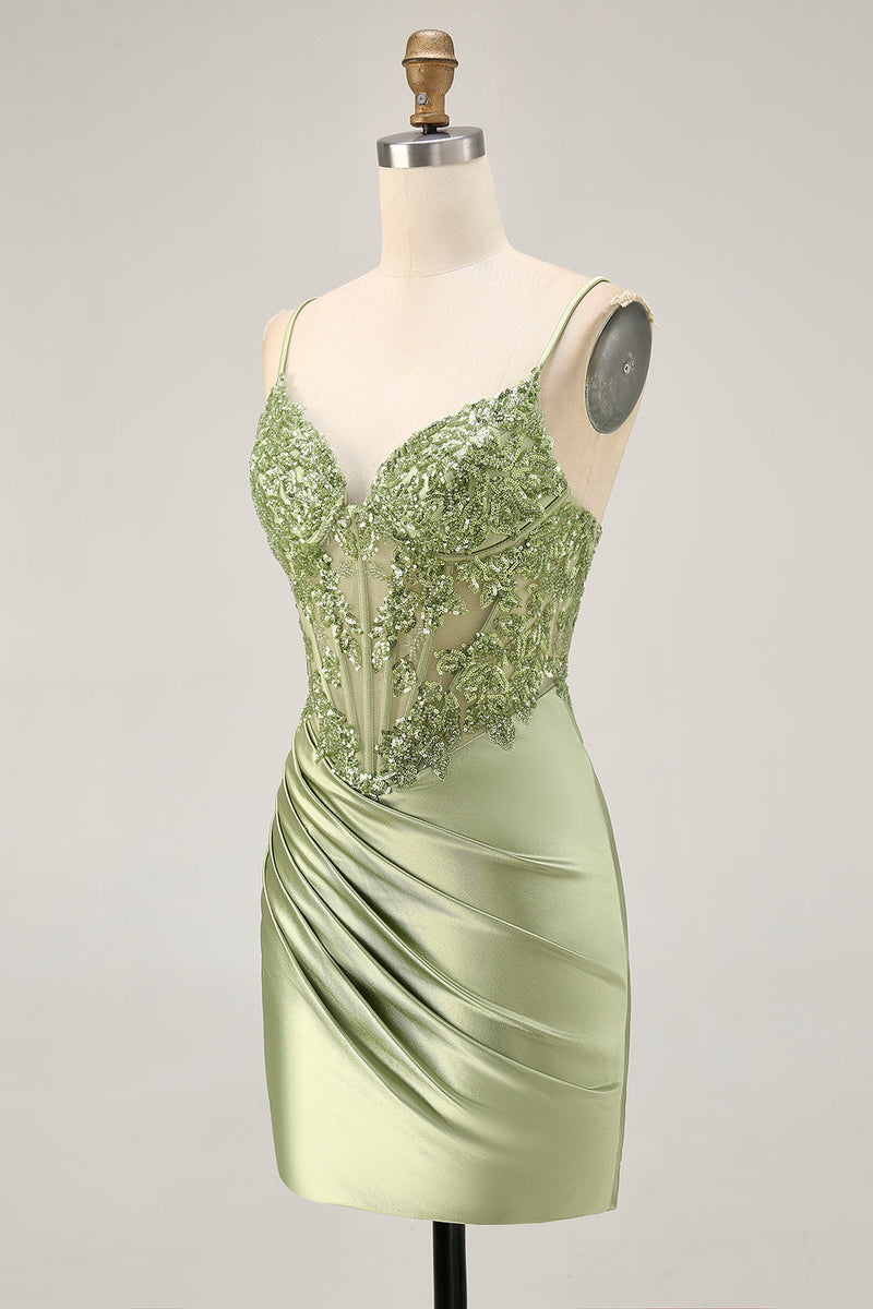 Load image into Gallery viewer, Sparkly Sage Green Tight Satin Short Corset Prom Dress with Sequins