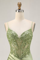 Load image into Gallery viewer, Sparkly Sage Green Tight Satin Short Corset Prom Dress with Sequins