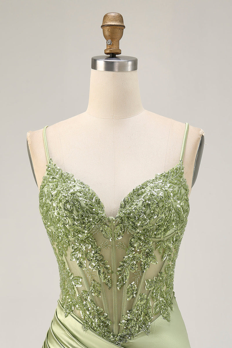 Load image into Gallery viewer, Sparkly Sage Green Tight Satin Short Corset Prom Dress with Sequins