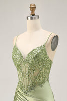 Load image into Gallery viewer, Sparkly Sage Green Tight Satin Short Corset Prom Dress with Sequins