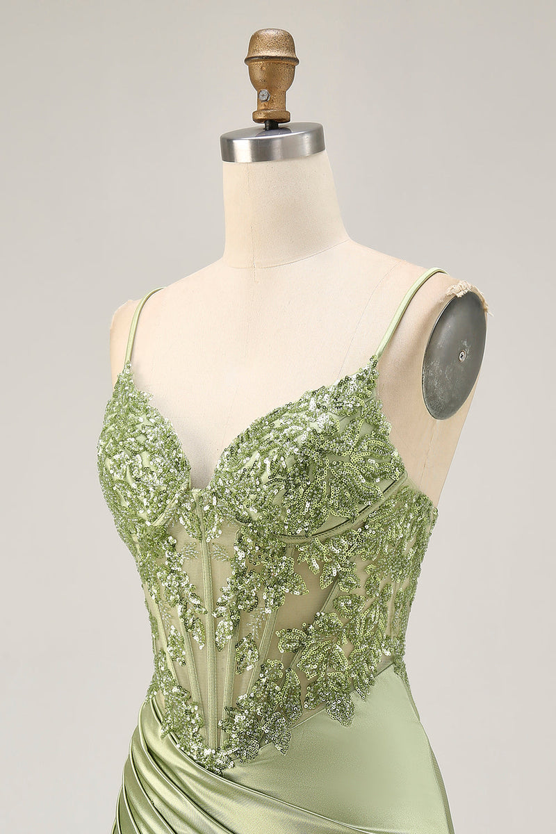 Load image into Gallery viewer, Sparkly Sage Green Tight Satin Short Corset Prom Dress with Sequins