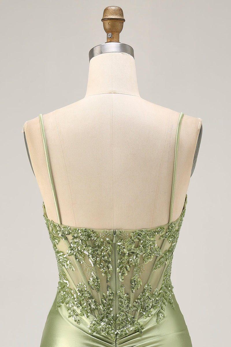 Load image into Gallery viewer, Sparkly Sage Green Tight Satin Short Corset Prom Dress with Sequins