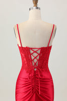 Load image into Gallery viewer, Red Satin Tight Short Corset Prom Dress with Lace