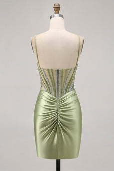 Sparkly Sage Green Tight Short Corset Prom Dress with Rhinestones