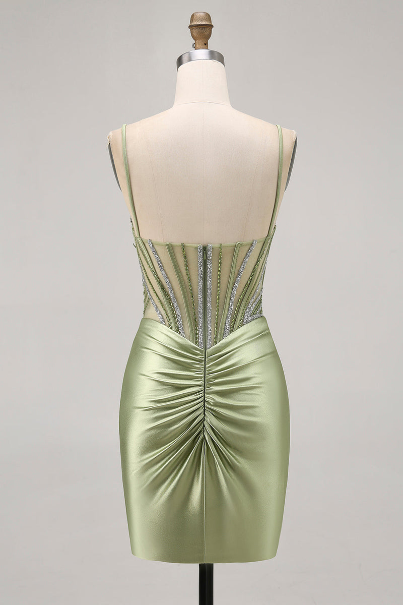 Load image into Gallery viewer, Sparkly Sage Green Tight Short Corset Prom Dress with Rhinestones