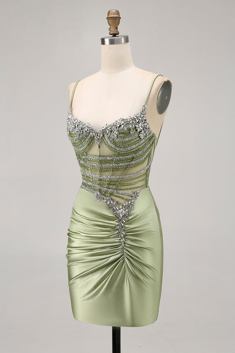 Load image into Gallery viewer, Sparkly Sage Green Tight Short Corset Prom Dress with Rhinestones