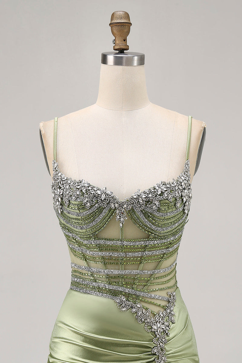 Load image into Gallery viewer, Sparkly Sage Green Tight Short Corset Prom Dress with Rhinestones