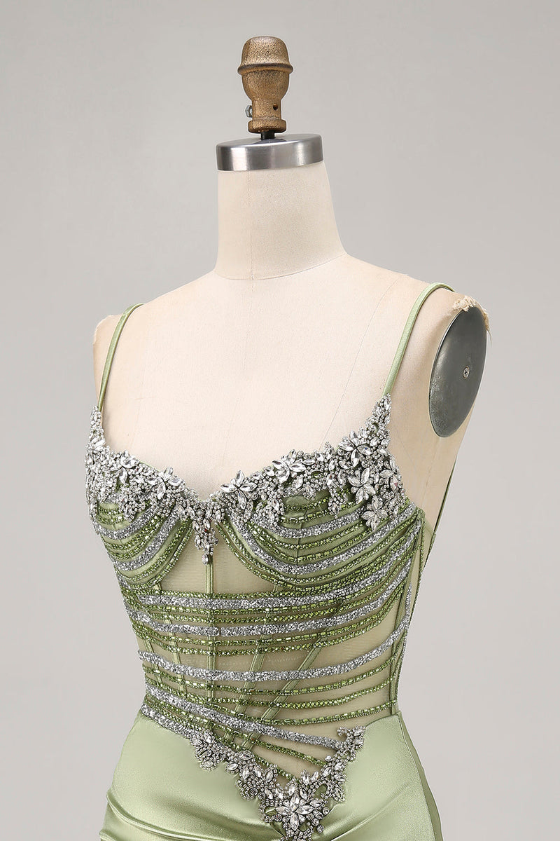 Load image into Gallery viewer, Sparkly Sage Green Tight Short Corset Prom Dress with Rhinestones