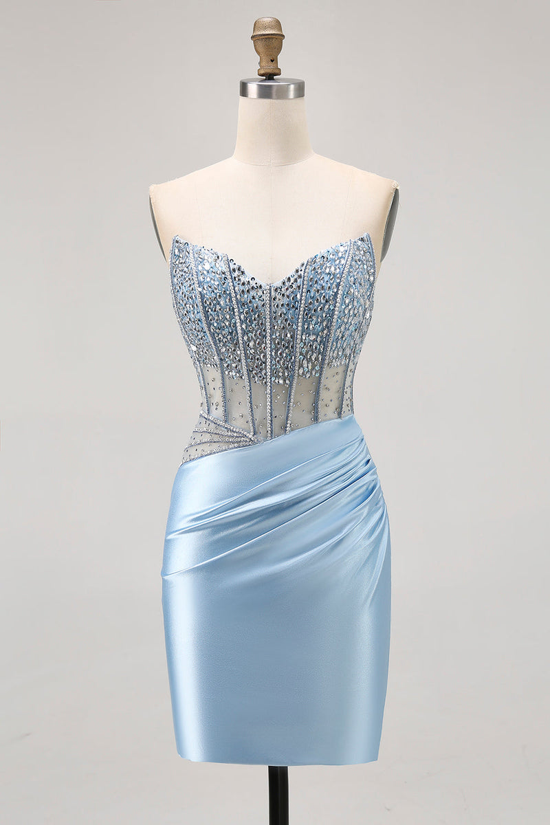Load image into Gallery viewer, Sparkly Light Blue Short Tight Corset Prom Dress with Rhinestones