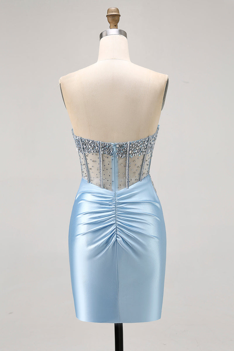 Load image into Gallery viewer, Sparkly Light Blue Short Tight Corset Prom Dress with Rhinestones
