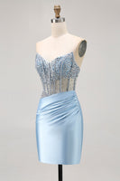 Load image into Gallery viewer, Sparkly Light Blue Short Tight Corset Prom Dress with Rhinestones