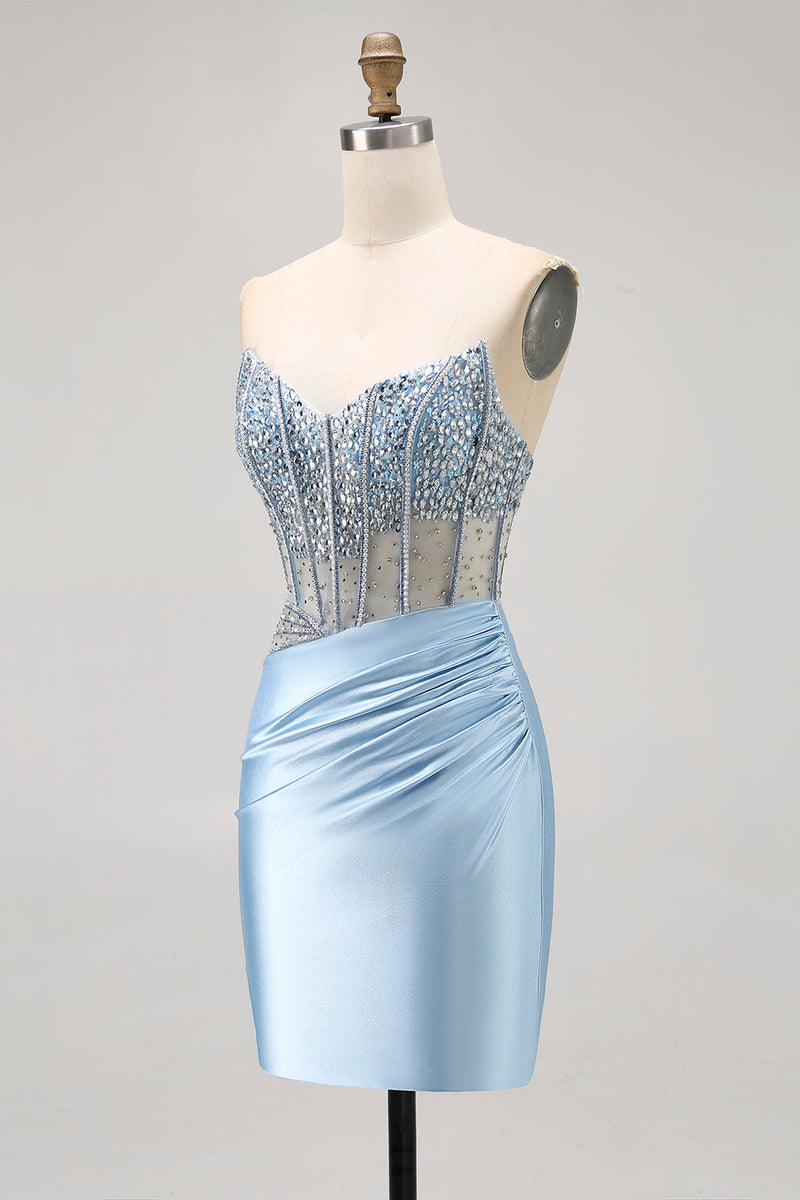 Load image into Gallery viewer, Sparkly Light Blue Short Tight Corset Prom Dress with Rhinestones