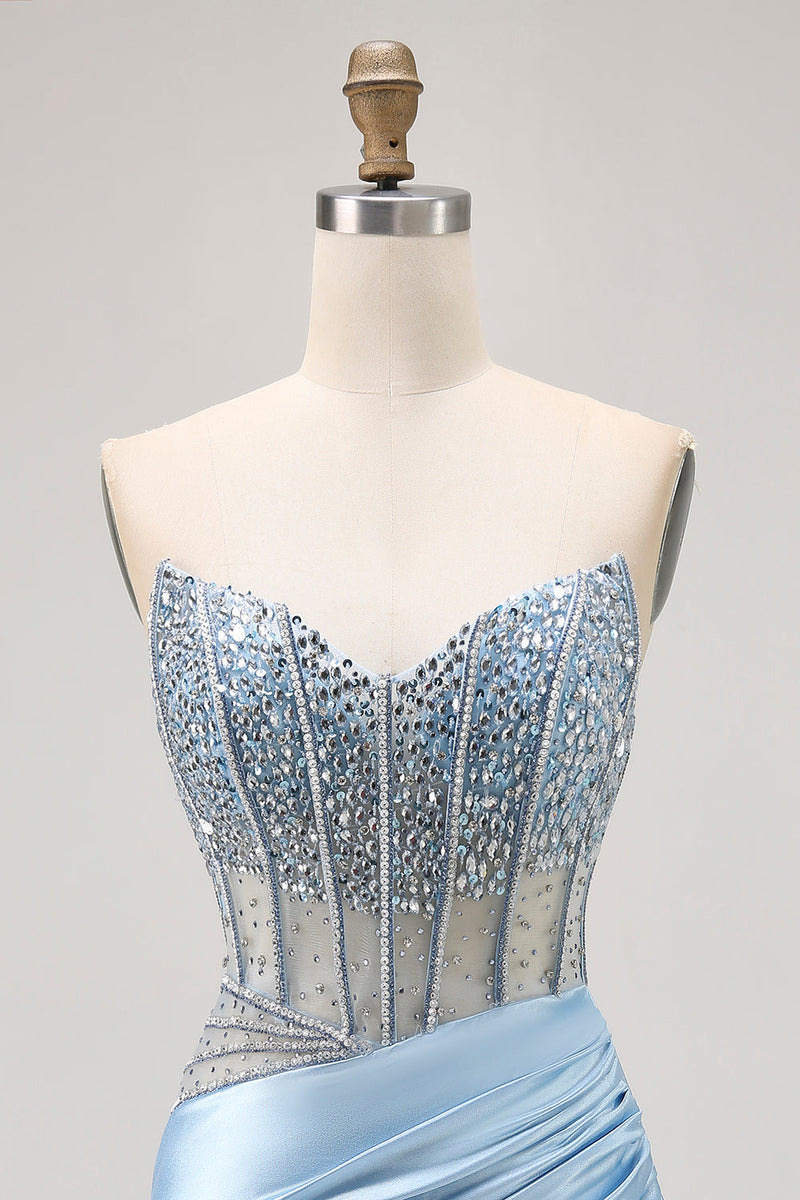 Load image into Gallery viewer, Sparkly Light Blue Short Tight Corset Prom Dress with Rhinestones