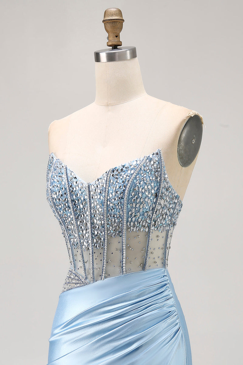 Load image into Gallery viewer, Sparkly Light Blue Short Tight Corset Prom Dress with Rhinestones