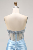 Load image into Gallery viewer, Sparkly Light Blue Short Tight Corset Prom Dress with Rhinestones