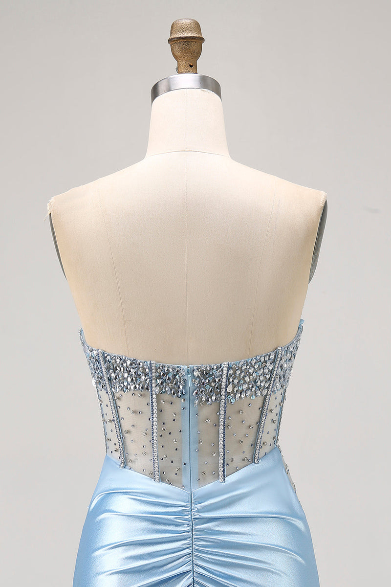 Load image into Gallery viewer, Sparkly Light Blue Short Tight Corset Prom Dress with Rhinestones