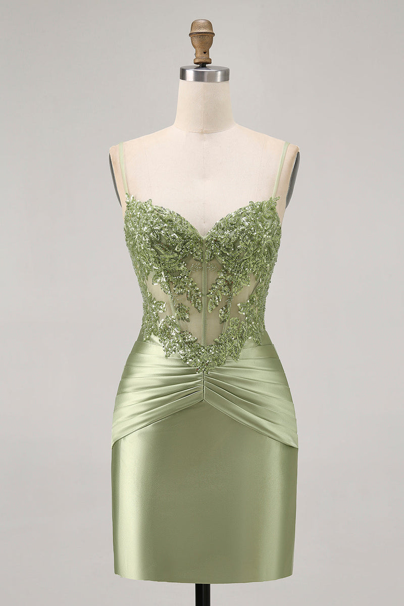 Load image into Gallery viewer, Sparkly Green Corset Tight Satin Short Prom Dress with Beading