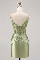 Load image into Gallery viewer, Sparkly Green Corset Tight Satin Short Prom Dress with Beading