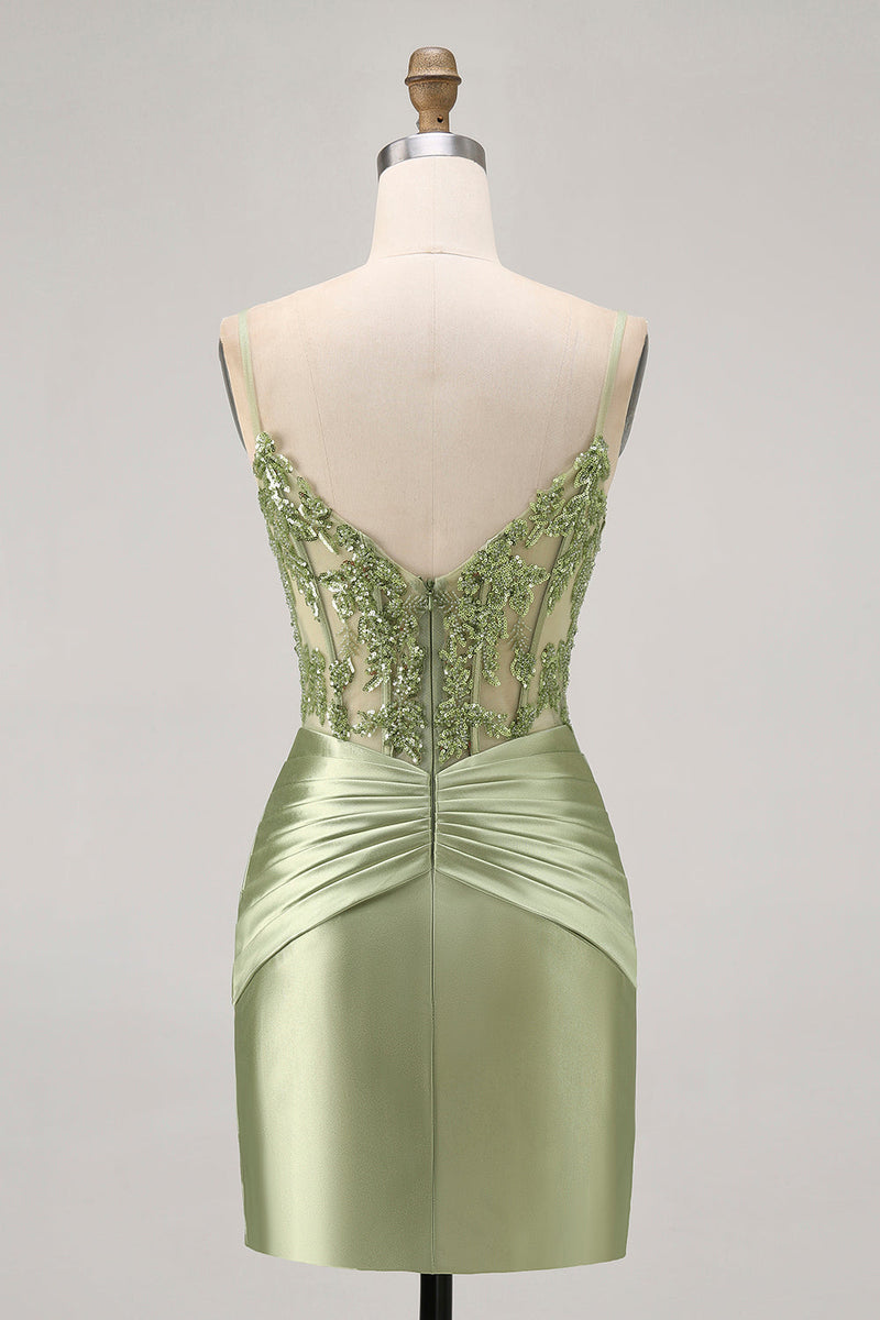 Load image into Gallery viewer, Sparkly Green Corset Tight Satin Short Prom Dress with Beading
