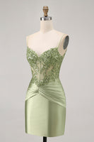 Load image into Gallery viewer, Sparkly Green Corset Tight Satin Short Prom Dress with Beading
