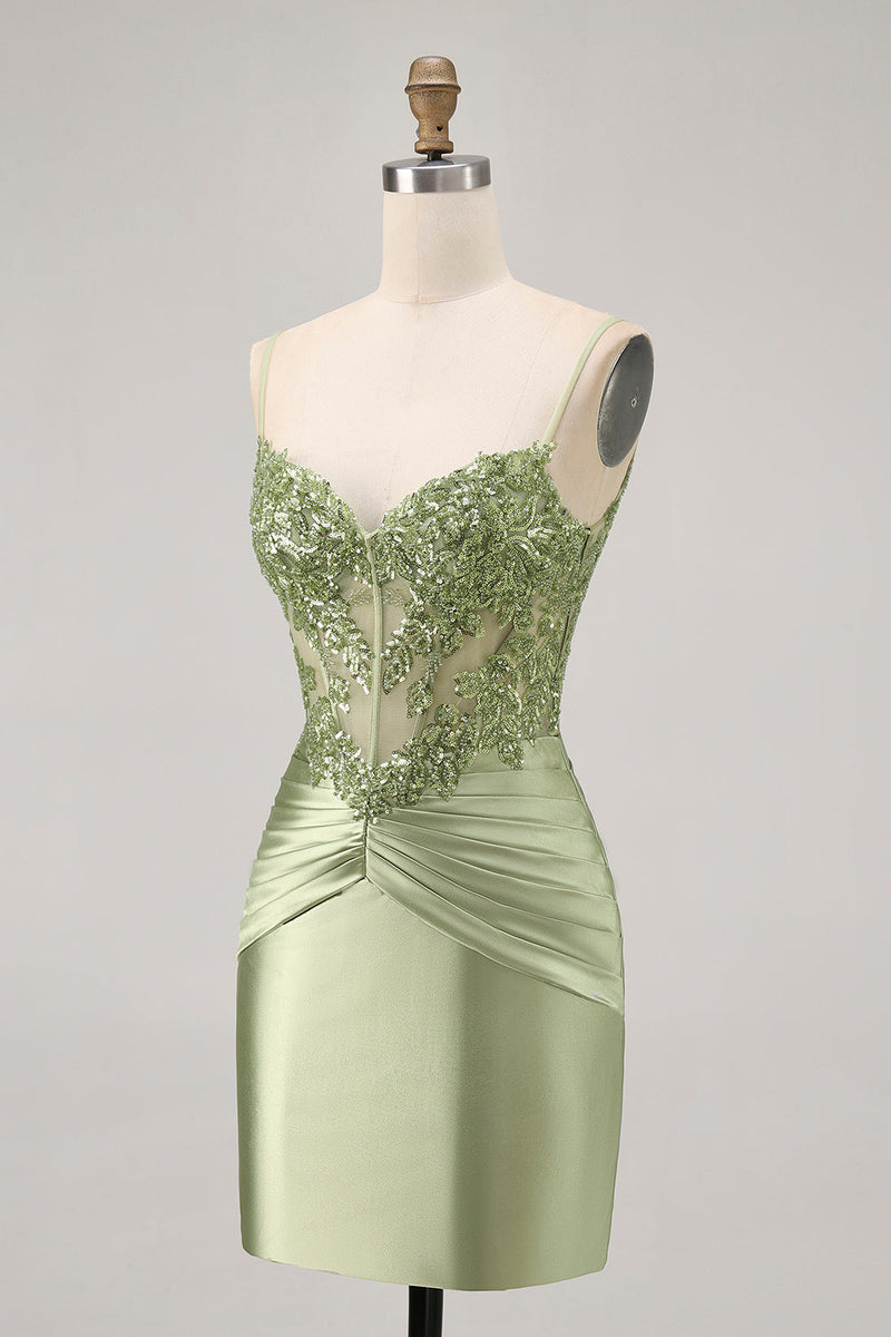 Load image into Gallery viewer, Sparkly Green Corset Tight Satin Short Prom Dress with Beading