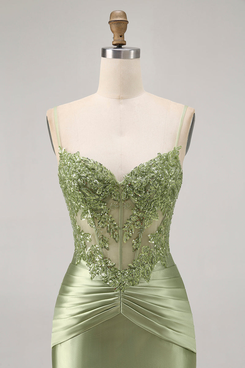 Load image into Gallery viewer, Sparkly Green Corset Tight Satin Short Prom Dress with Beading