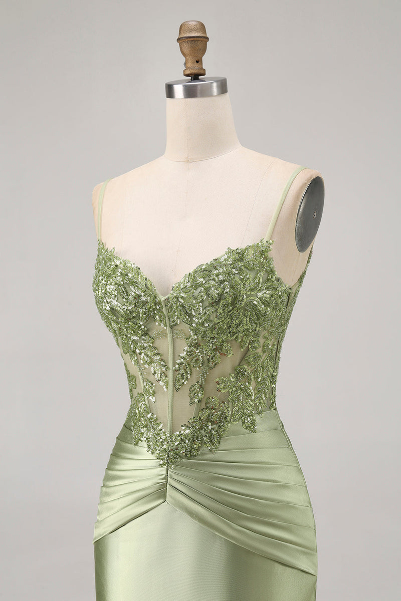 Load image into Gallery viewer, Sparkly Green Corset Tight Satin Short Prom Dress with Beading