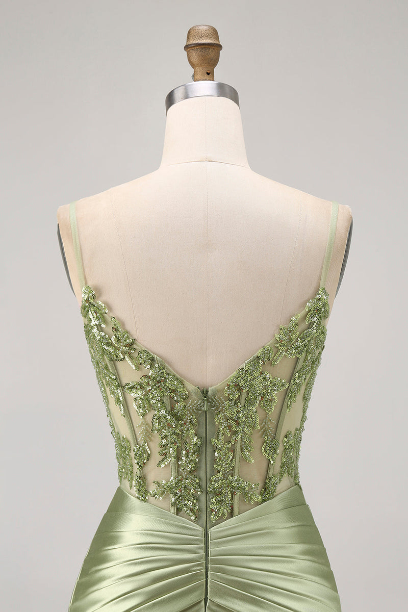 Load image into Gallery viewer, Sparkly Green Corset Tight Satin Short Prom Dress with Beading