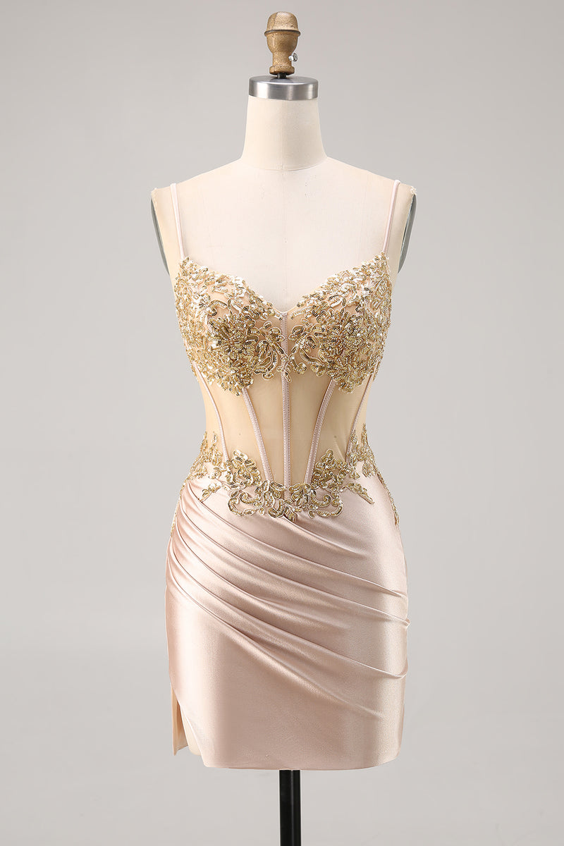 Load image into Gallery viewer, Sparkly Champagne Corset Tight Short Prom Dress with Lace