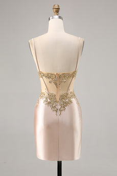 Sparkly Champagne Corset Tight Short Prom Dress with Lace