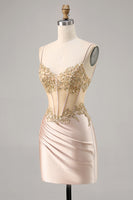 Load image into Gallery viewer, Sparkly Champagne Corset Tight Short Prom Dress with Lace