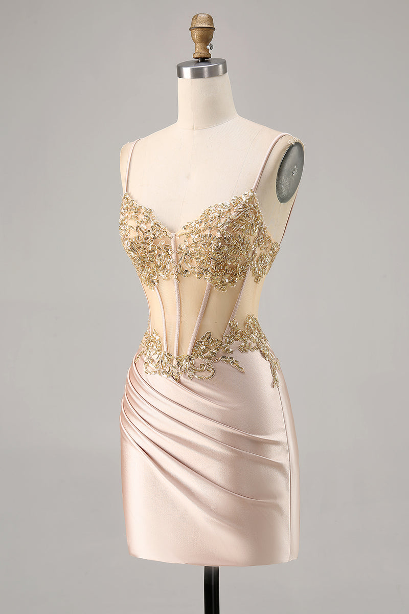 Load image into Gallery viewer, Sparkly Champagne Corset Tight Short Prom Dress with Lace