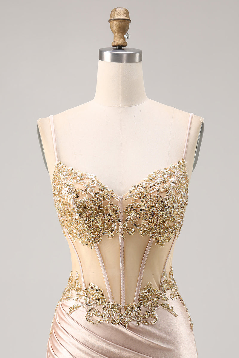 Load image into Gallery viewer, Sparkly Champagne Corset Tight Short Prom Dress with Lace