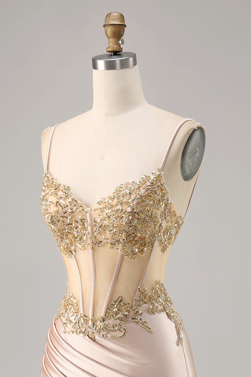 Load image into Gallery viewer, Sparkly Champagne Corset Tight Short Prom Dress with Lace