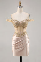 Load image into Gallery viewer, Sparkly Champagne Satin Corset Short Prom Dress with Lace