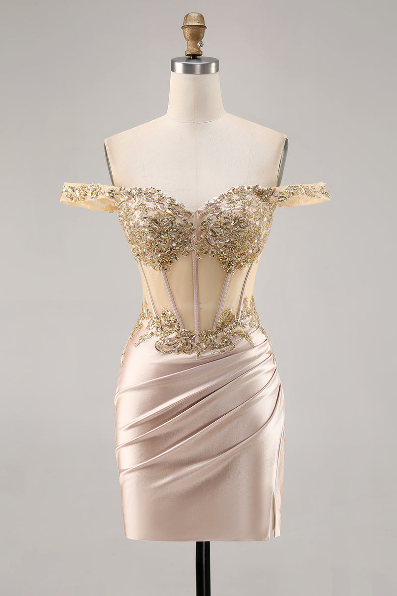 Load image into Gallery viewer, Sparkly Champagne Satin Corset Short Prom Dress with Lace