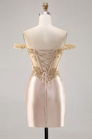 Load image into Gallery viewer, Sparkly Champagne Satin Corset Short Prom Dress with Lace