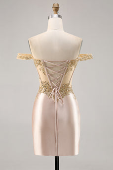 Sparkly Champagne Satin Corset Short Prom Dress with Lace