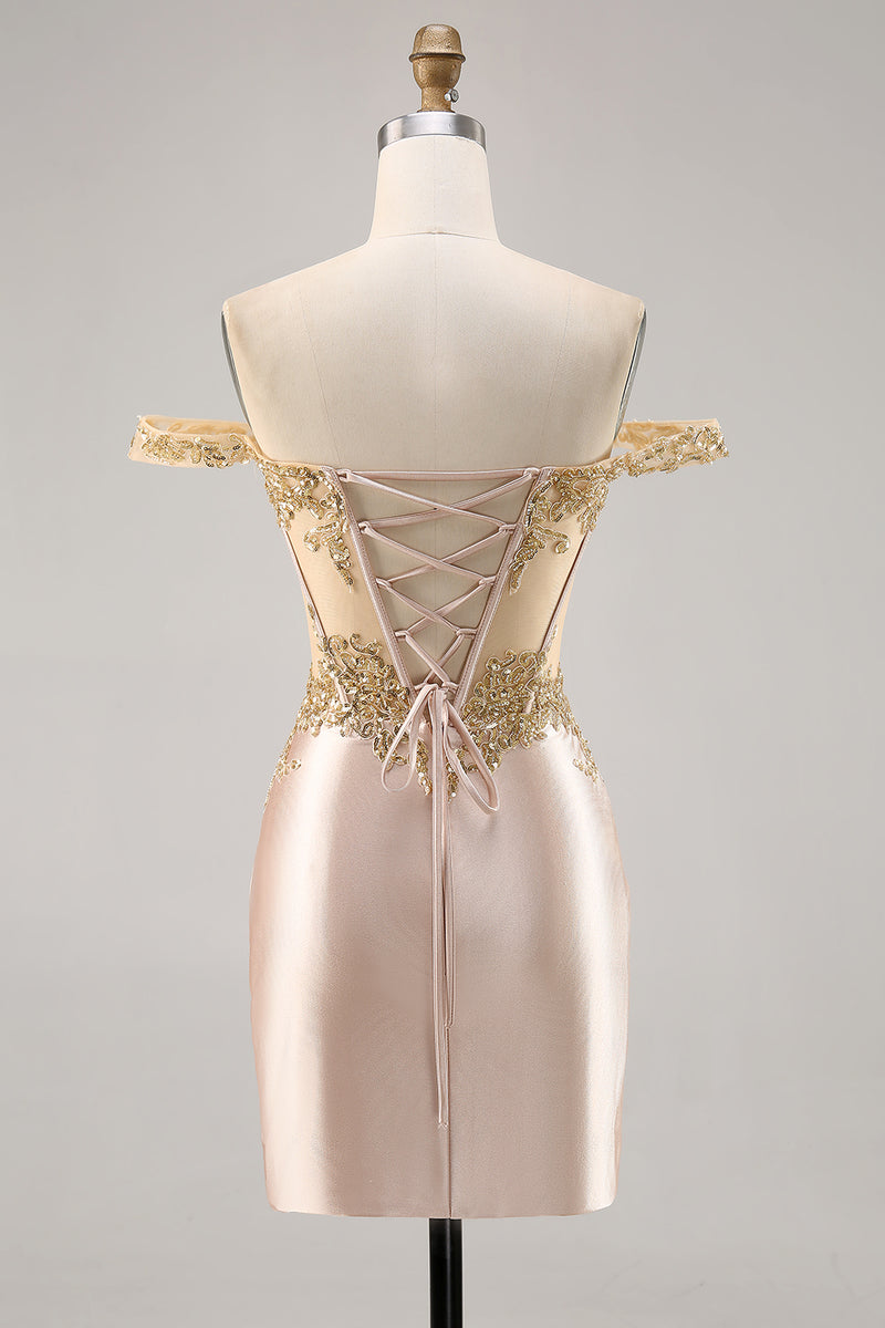 Load image into Gallery viewer, Sparkly Champagne Satin Corset Short Prom Dress with Lace