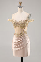 Load image into Gallery viewer, Sparkly Champagne Satin Corset Short Prom Dress with Lace