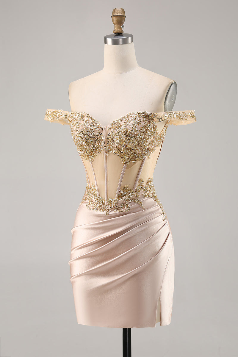 Load image into Gallery viewer, Sparkly Champagne Satin Corset Short Prom Dress with Lace