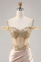 Load image into Gallery viewer, Sparkly Champagne Satin Corset Short Prom Dress with Lace