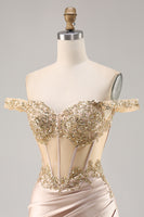 Load image into Gallery viewer, Sparkly Champagne Satin Corset Short Prom Dress with Lace