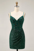 Load image into Gallery viewer, Sparkly Dark Green Corset Sequins V-Neck Short Prom Dress