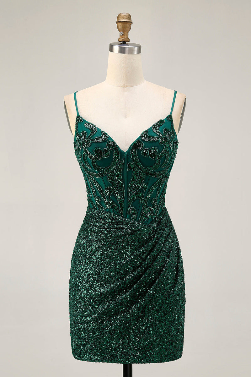 Load image into Gallery viewer, Sparkly Dark Green Corset Sequins V-Neck Short Prom Dress
