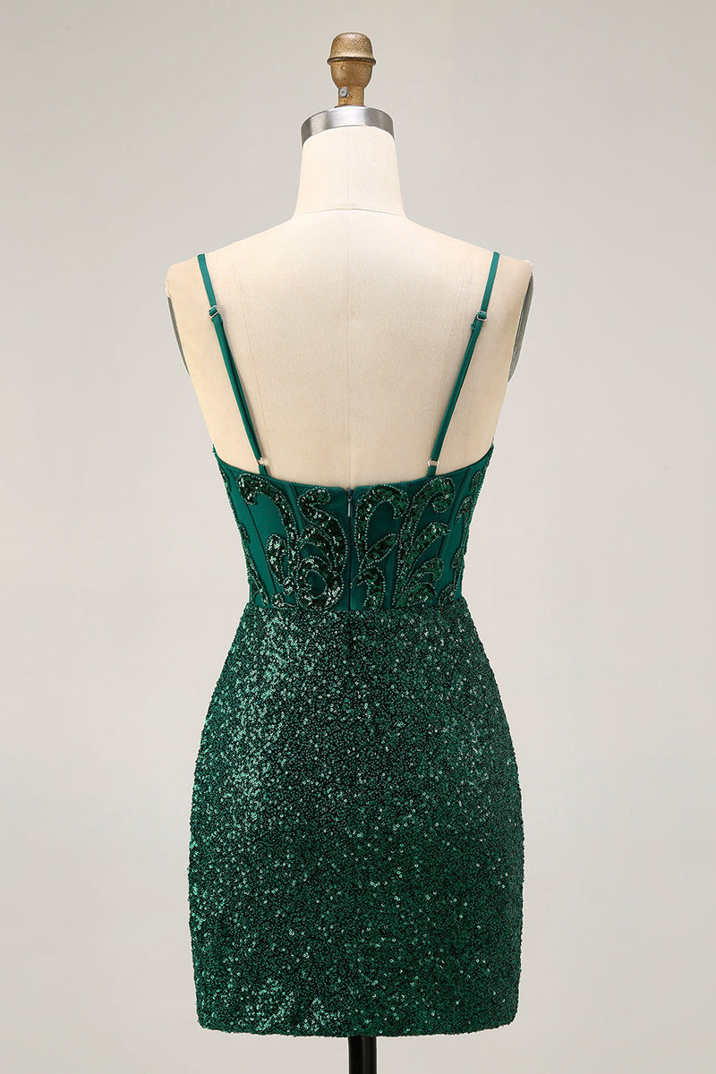 Load image into Gallery viewer, Sparkly Dark Green Corset Sequins V-Neck Short Prom Dress