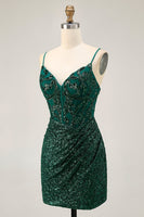 Load image into Gallery viewer, Sparkly Dark Green Corset Sequins V-Neck Short Prom Dress